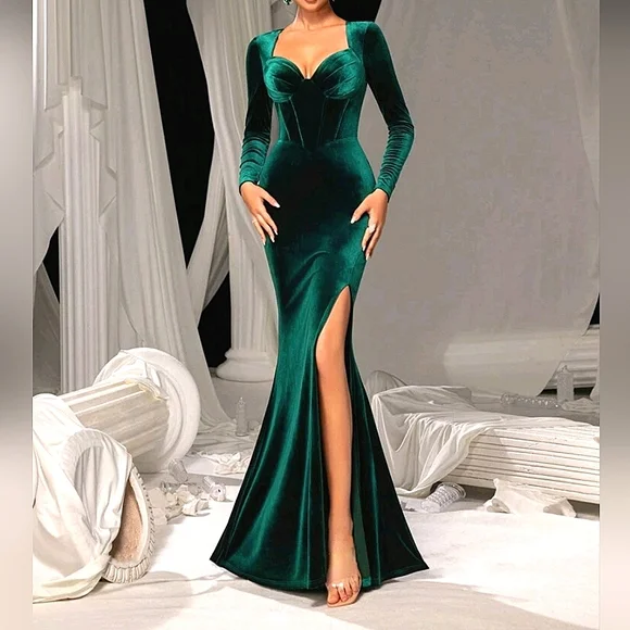 New Luxe Velvet Bustier Cup Long Sleeve Mermaid Gown Dress Dark Green